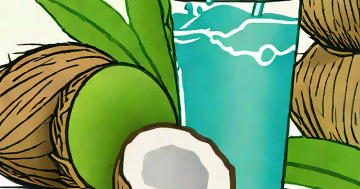 Turquoise coconut water with split coconuts and green palm leaves