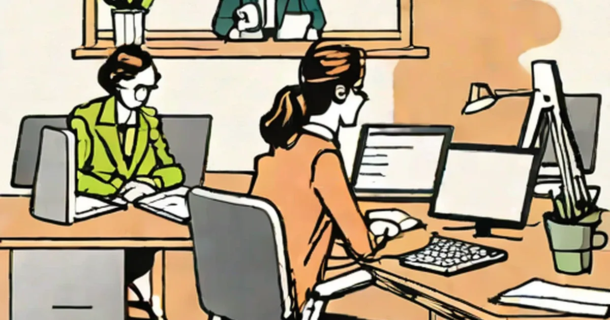 Two women working at desks in a modern office with computers