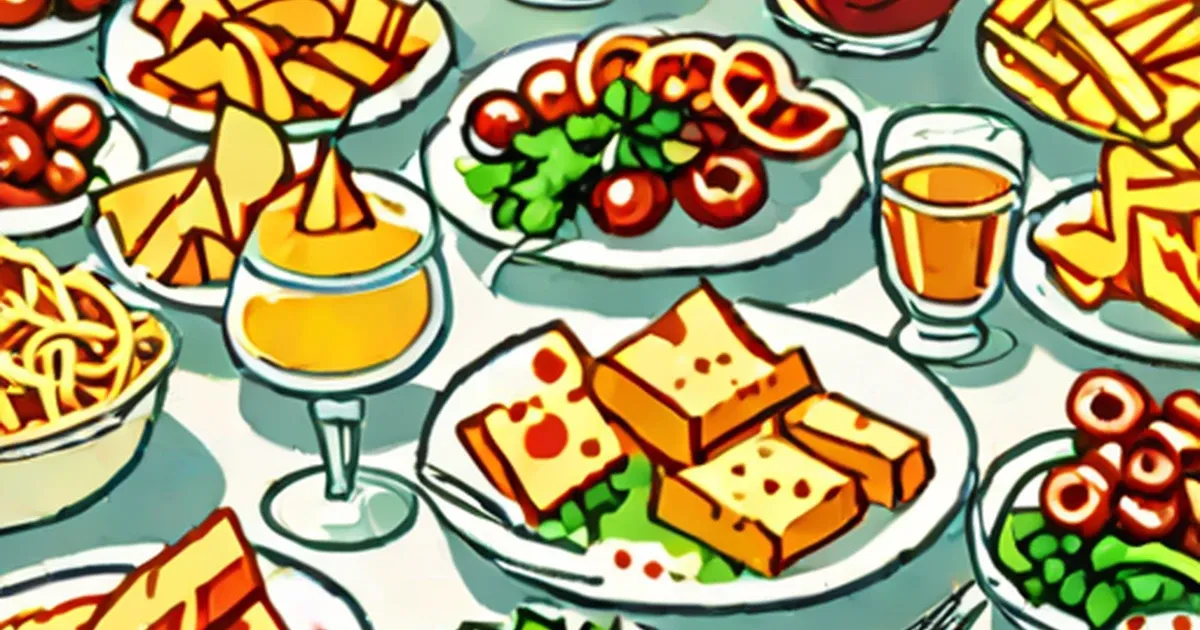 Assorted cold appetizers with cheese, tomatoes, fries, and wine