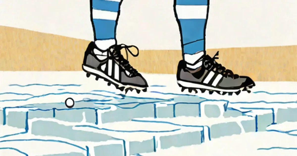Soccer player’s boots and striped socks on frozen ground