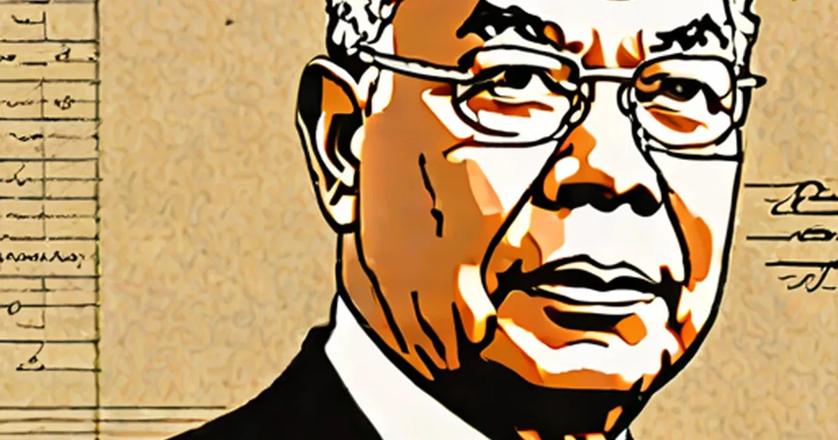 Illustration of Colin Powell in orange and black with glasses and handwritten text background