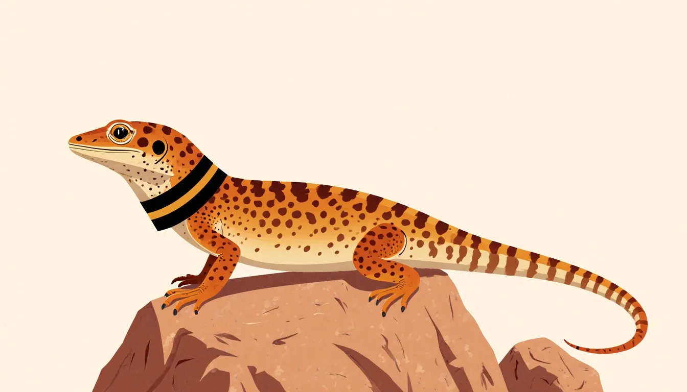 A collared lizard on a rock, its two black neck bands clearly visible, illustrated in a flat editorial style.