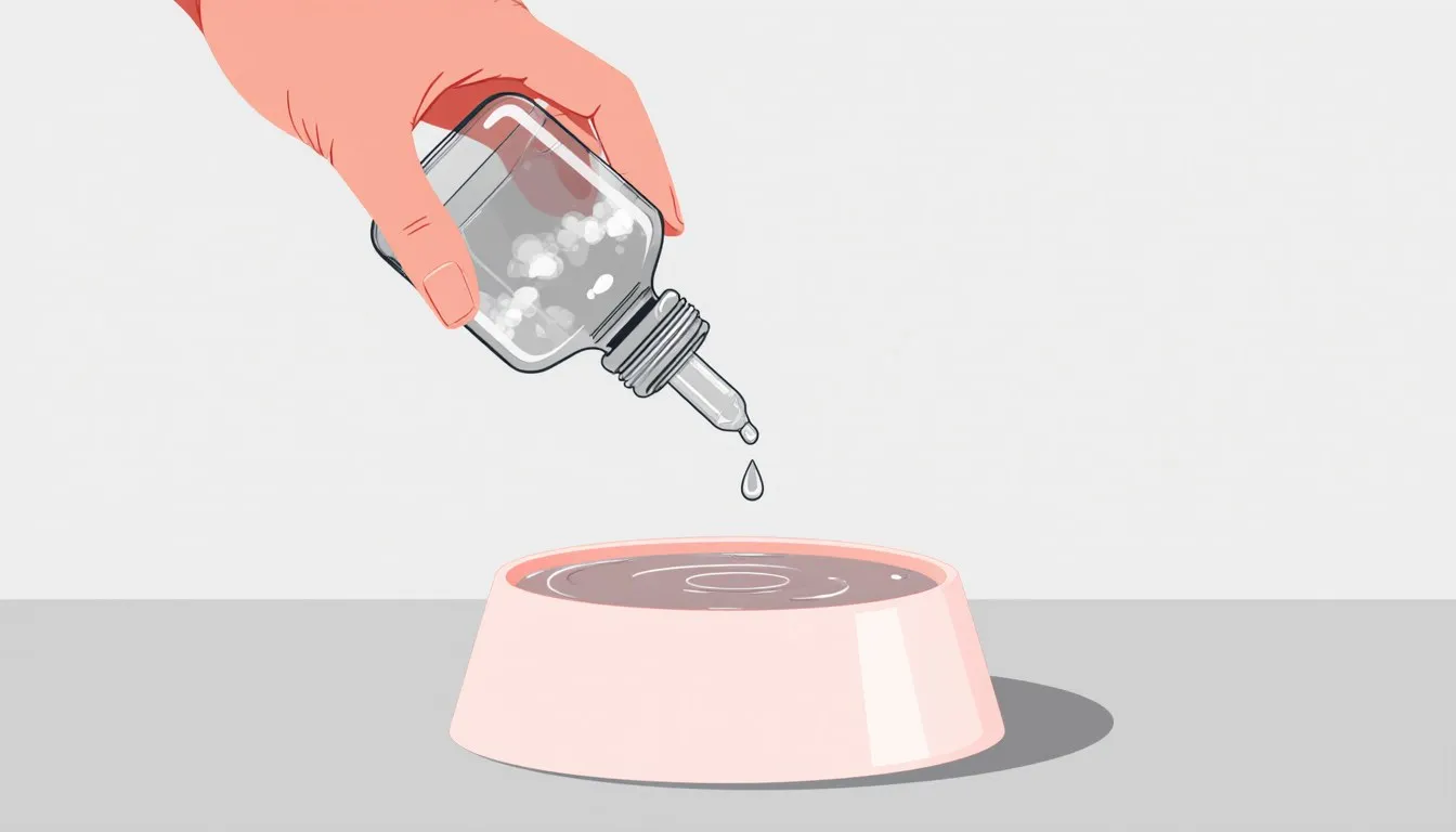 A dropper bottle of cloudy silver liquid dripping into a pet's water bowl