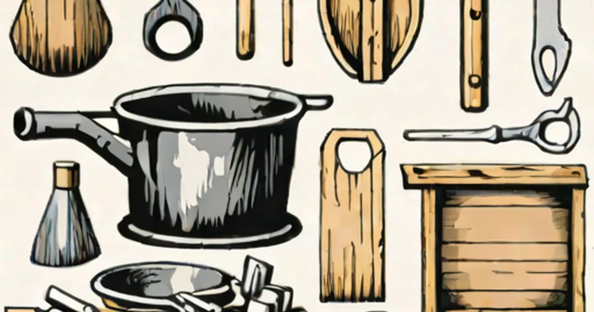 Illustrated assortment of forging equipment including hammers, tongs, and a crucible