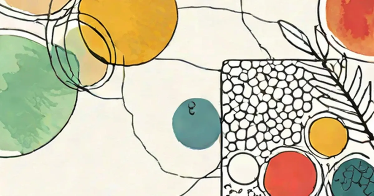 Abstract watercolor circles in yellow, red, green, and blue with pen line drawings