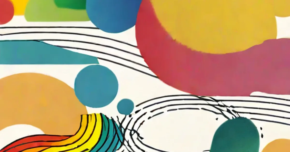 Colorful abstract composition with overlapping circles and curved lines