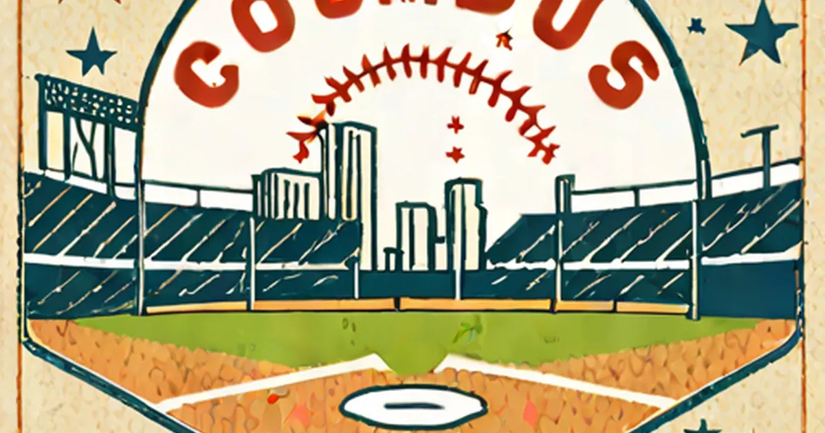 Retro illustration of Columbus stadium interior with baseball and city skyline