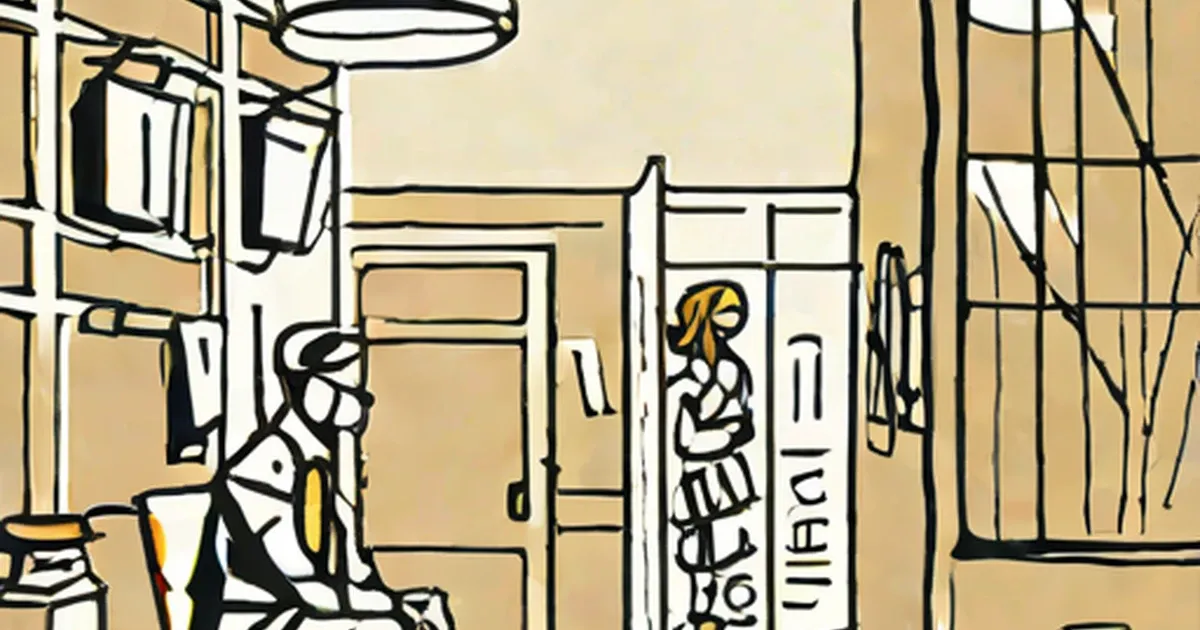 Illustrated library interior with figures among books and shelves