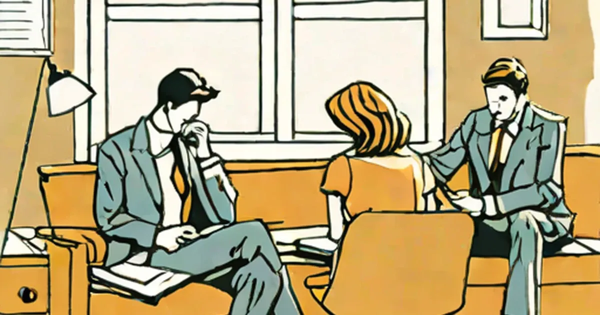 Three people in business attire meet at a table in an office with large windows
