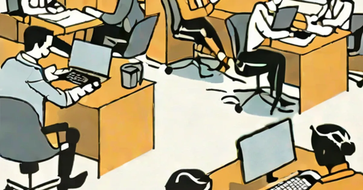 People working at desks with computers in an office setting