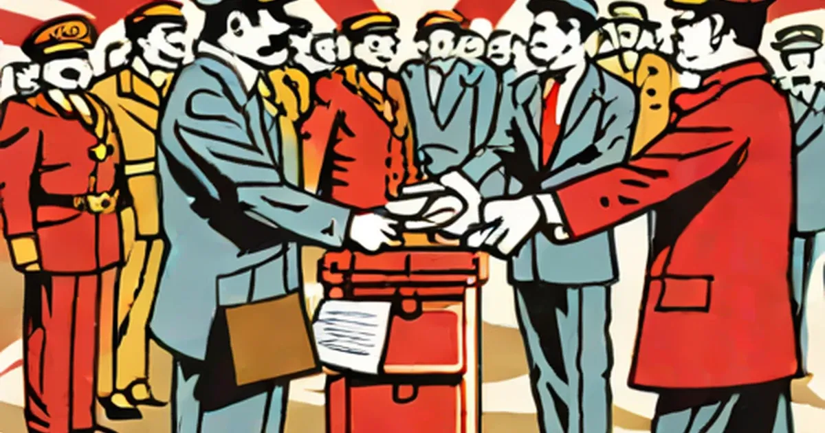 Officials in military uniforms and business suits shaking hands over a red briefcase