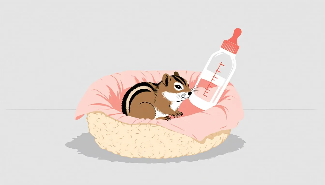 A baby chipmunk curled in a soft nest beside a small nursing bottle used for hand-feeding orphaned chipmunks