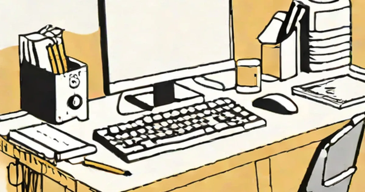Desktop workspace with computer tower, keyboard, mouse, and office supplies