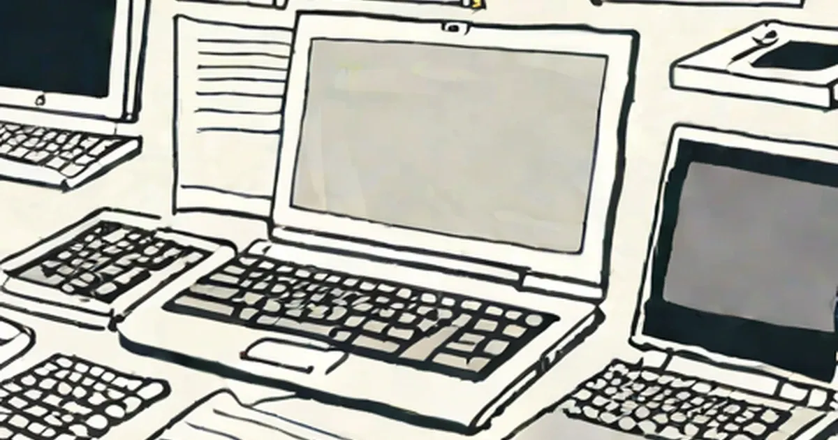 Line drawing of computer keyboards, monitors, and peripherals