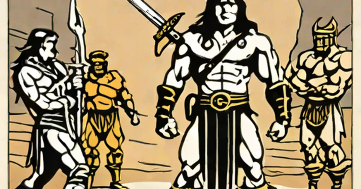 Conan the Barbarian wields a sword surrounded by armored warriors in comic book art style