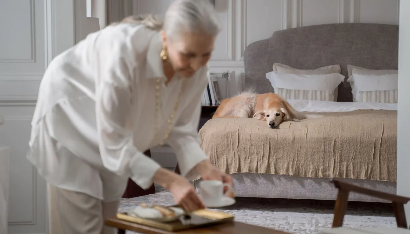 An older woman setting a tray near her dog resting on a bed