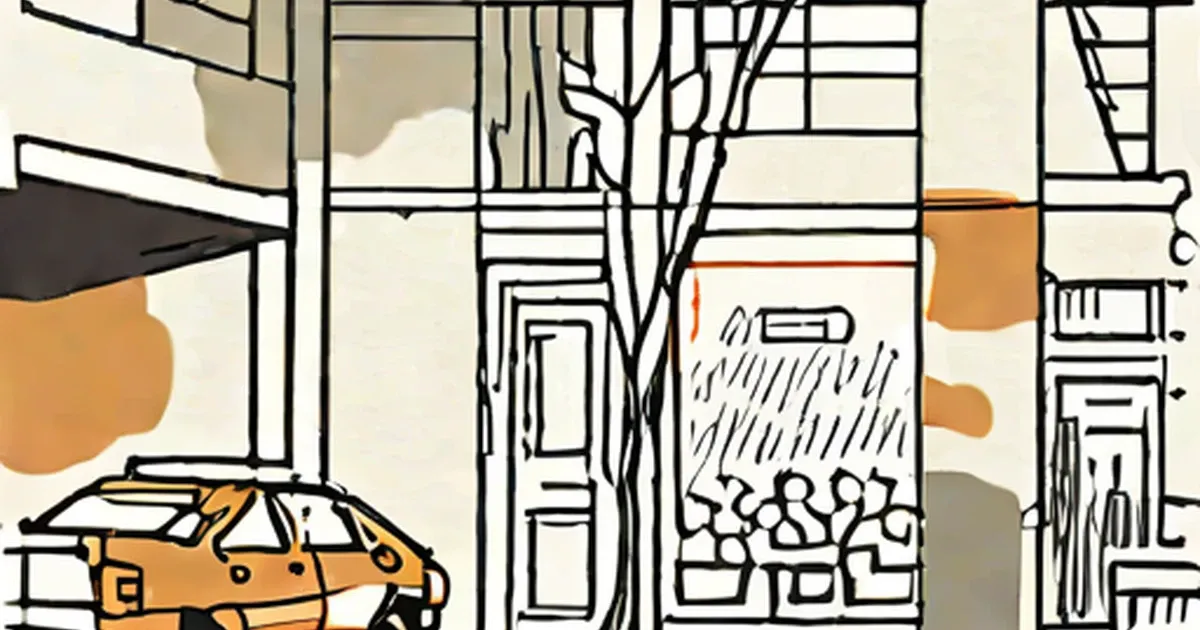 Urban street illustration with buildings, tree, orange car, and figures, drawn in black lines with orange fills