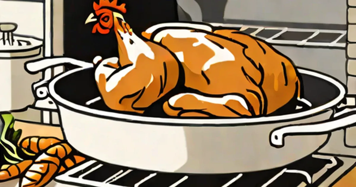 Golden-brown chicken in a white roasting pan on a stovetop