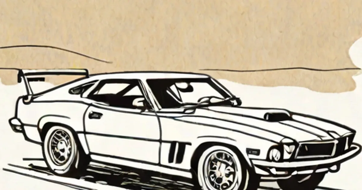 Line drawing of a muscle car with hood vents, racing stripes and spoiler