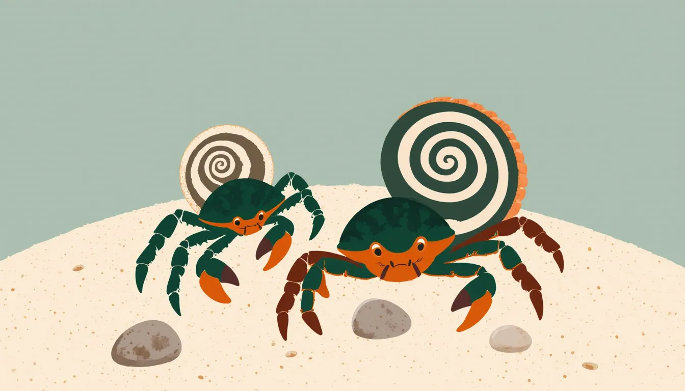 Two pet hermit crabs with patterned spiral shells resting together on sandy terrarium ground