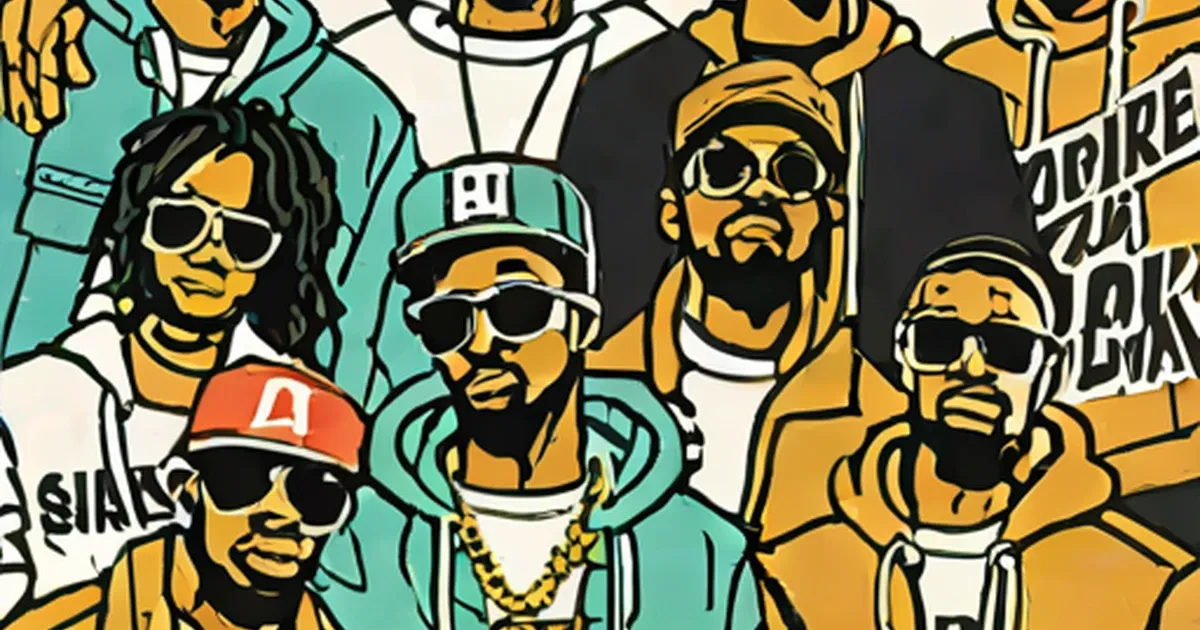 Stylized illustration of rappers in hip-hop style with sunglasses and chains
