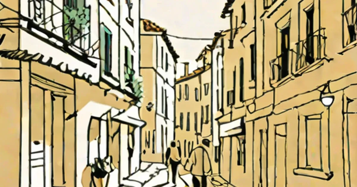 Watercolor illustration of a narrow Italian street lined with ochre stone buildings