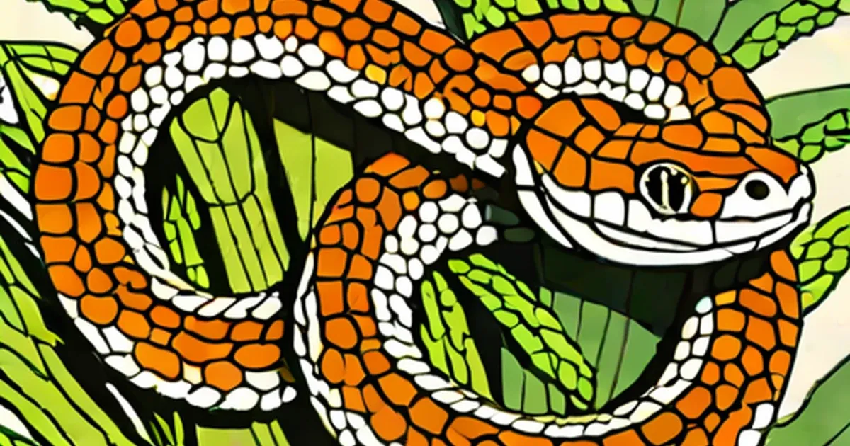 Orange corn snake with white stripes coiled in green foliage