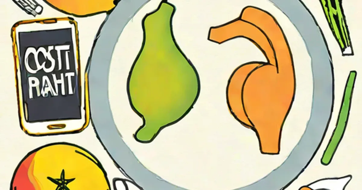 Smartphone displaying cost rates next to a plate showing body shapes and vegetables