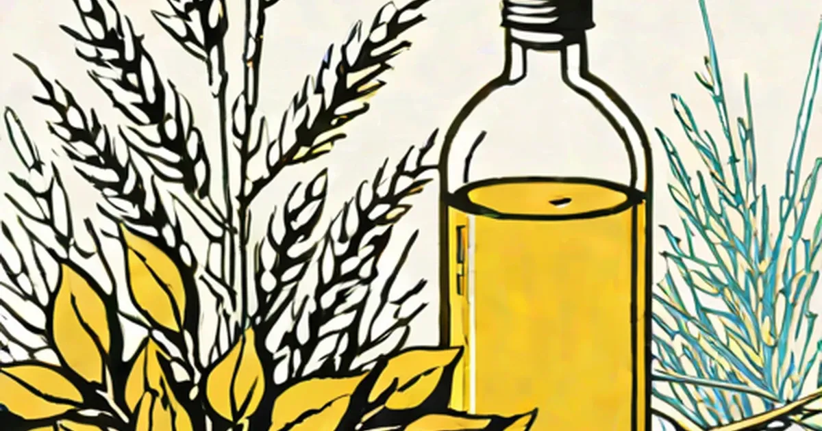 Bottle of cottonseed oil surrounded by cotton plants and botanical elements