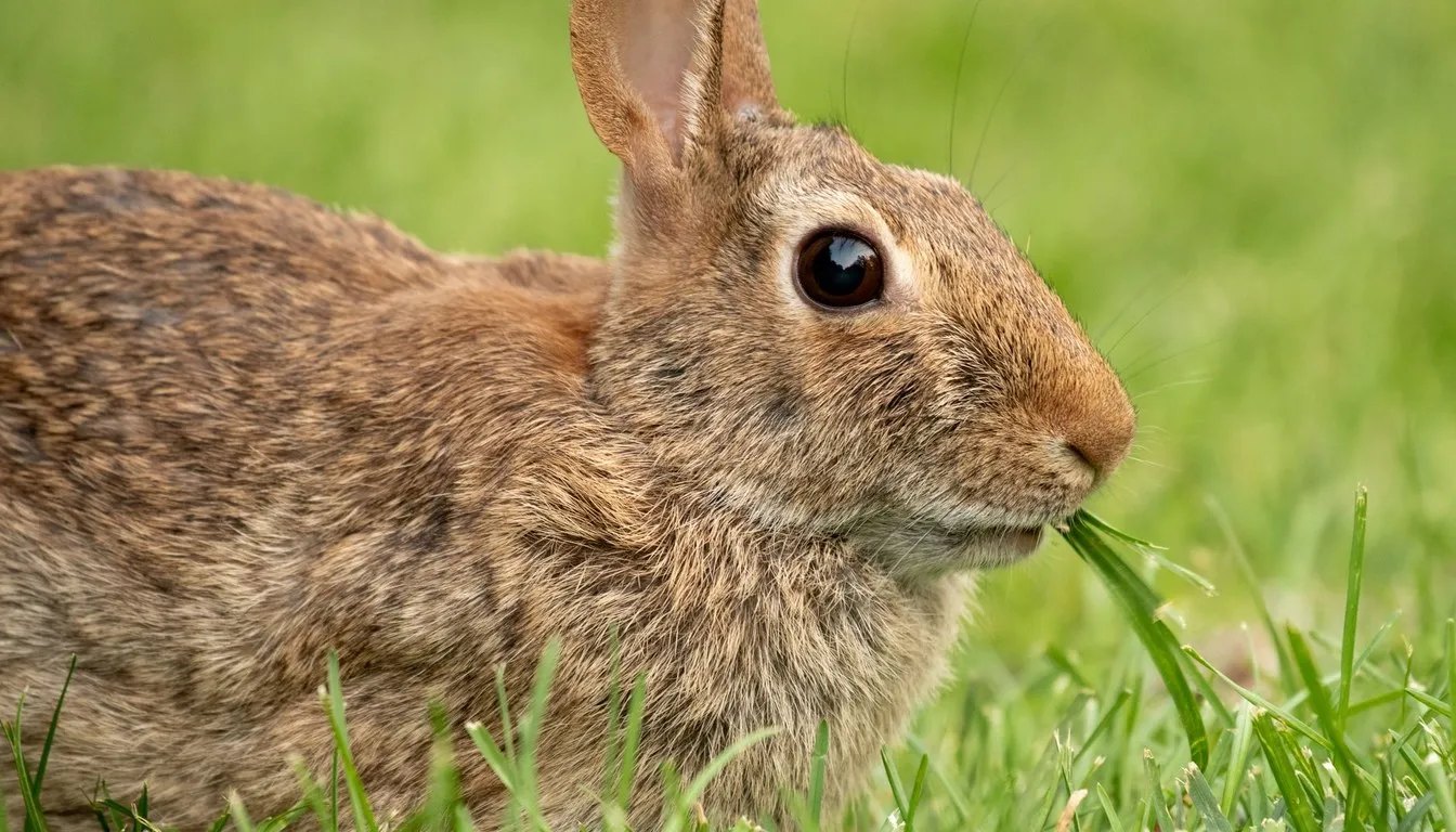 A cottontail rabbit in close-up, chewing grass