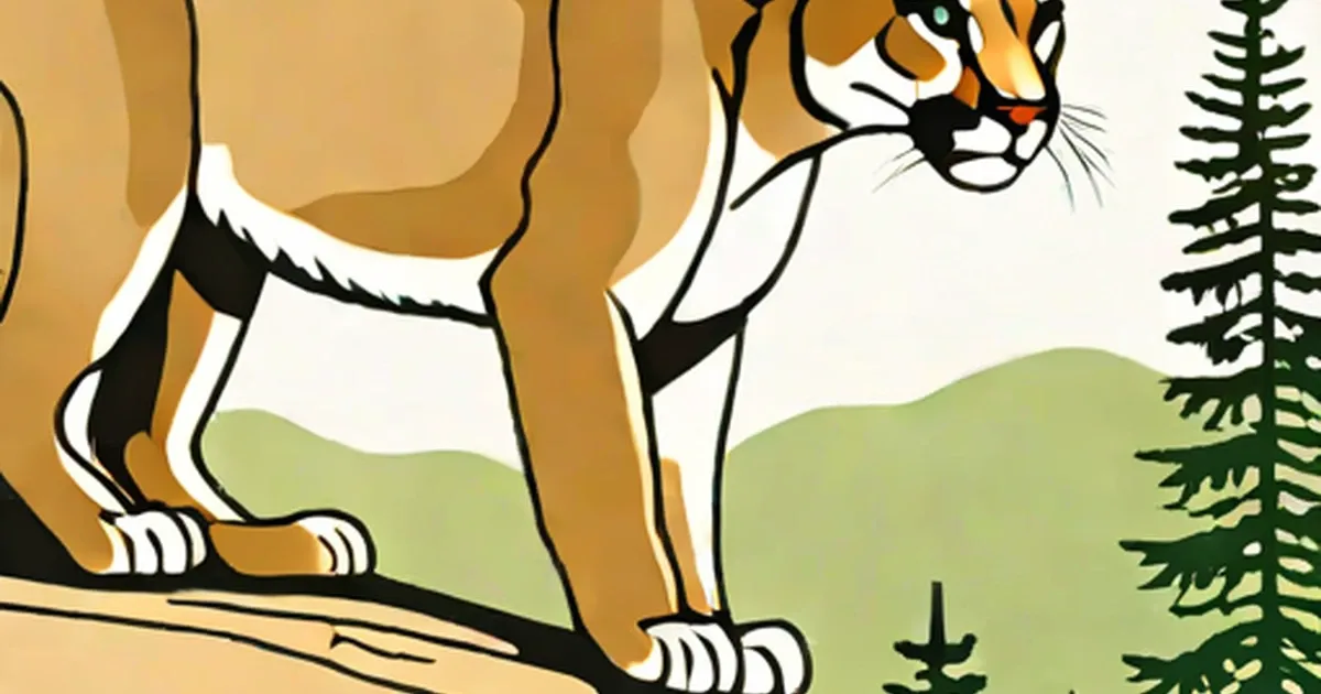 Tan cougar with white chest and paws standing in a coniferous forest