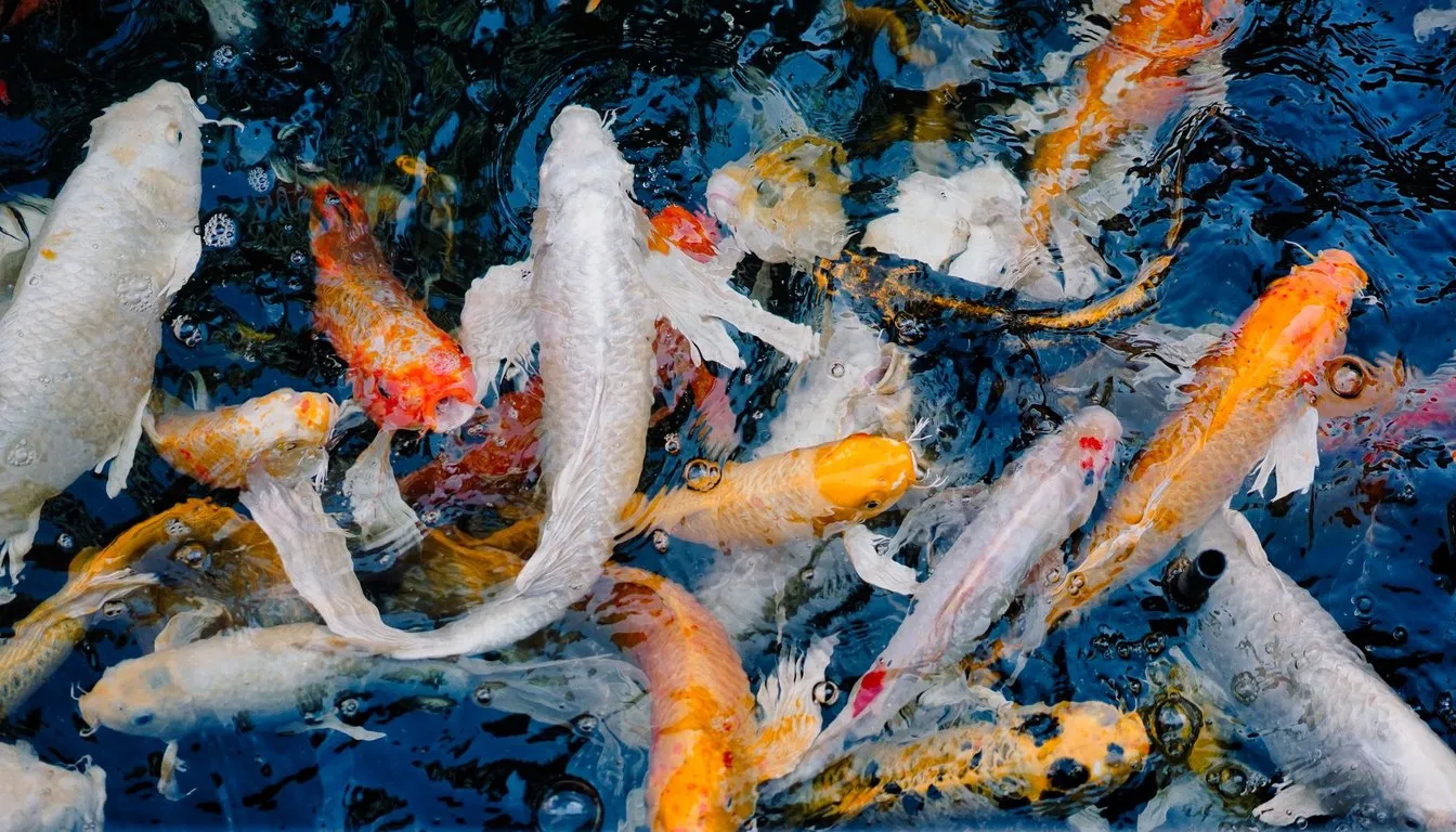 Koi crowding at the surface of a pond