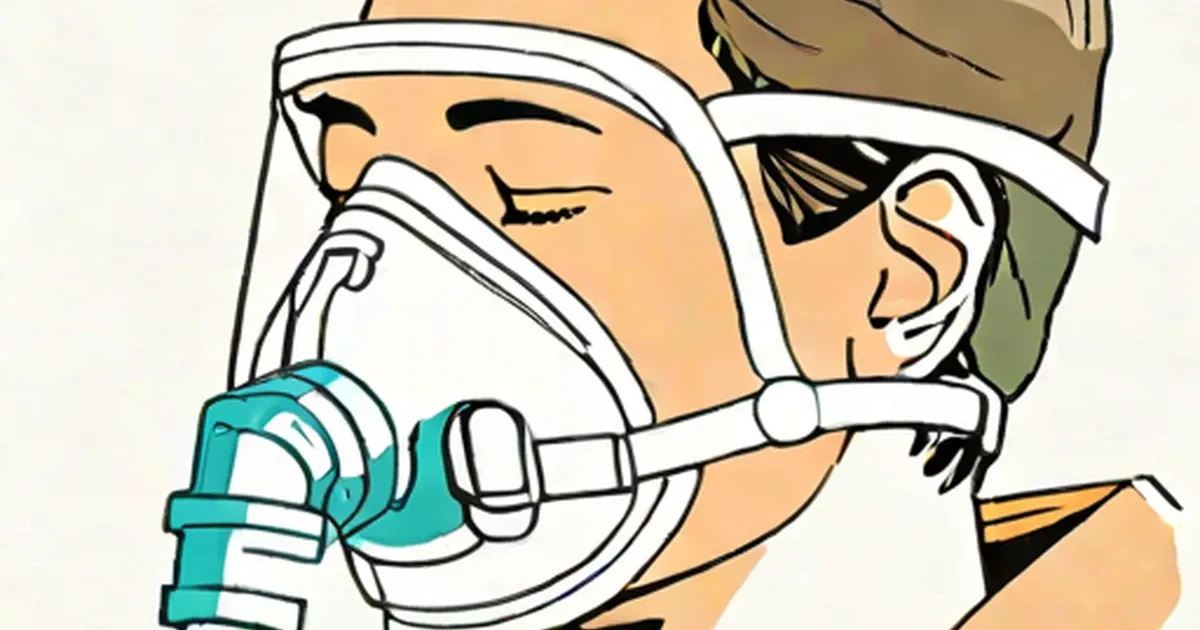 Person wearing full-face CPAP mask with white straps and turquoise connector