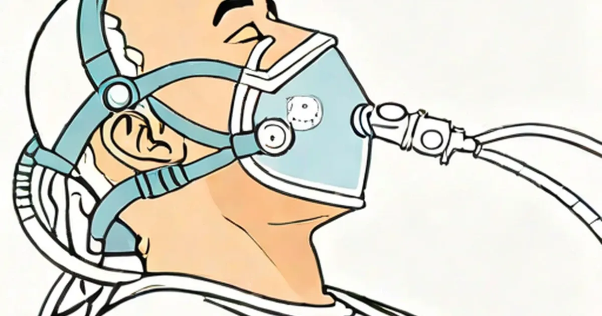 Person wearing a sleep apnea mask connected by tubing to a machine