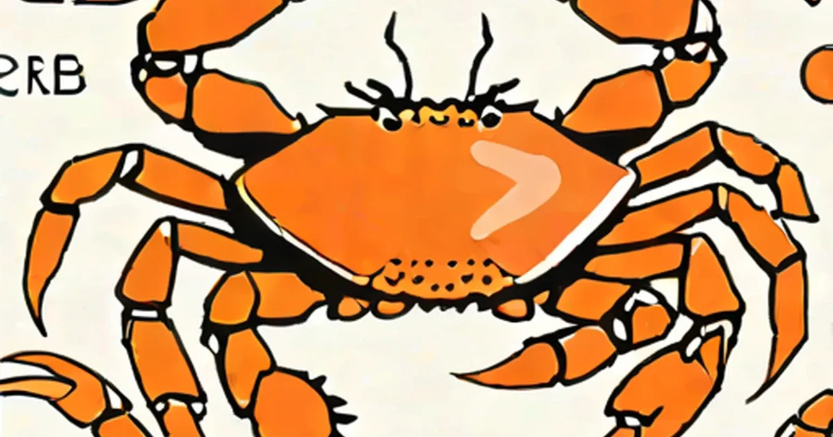 Illustrated orange crab with prominent claws and jointed legs