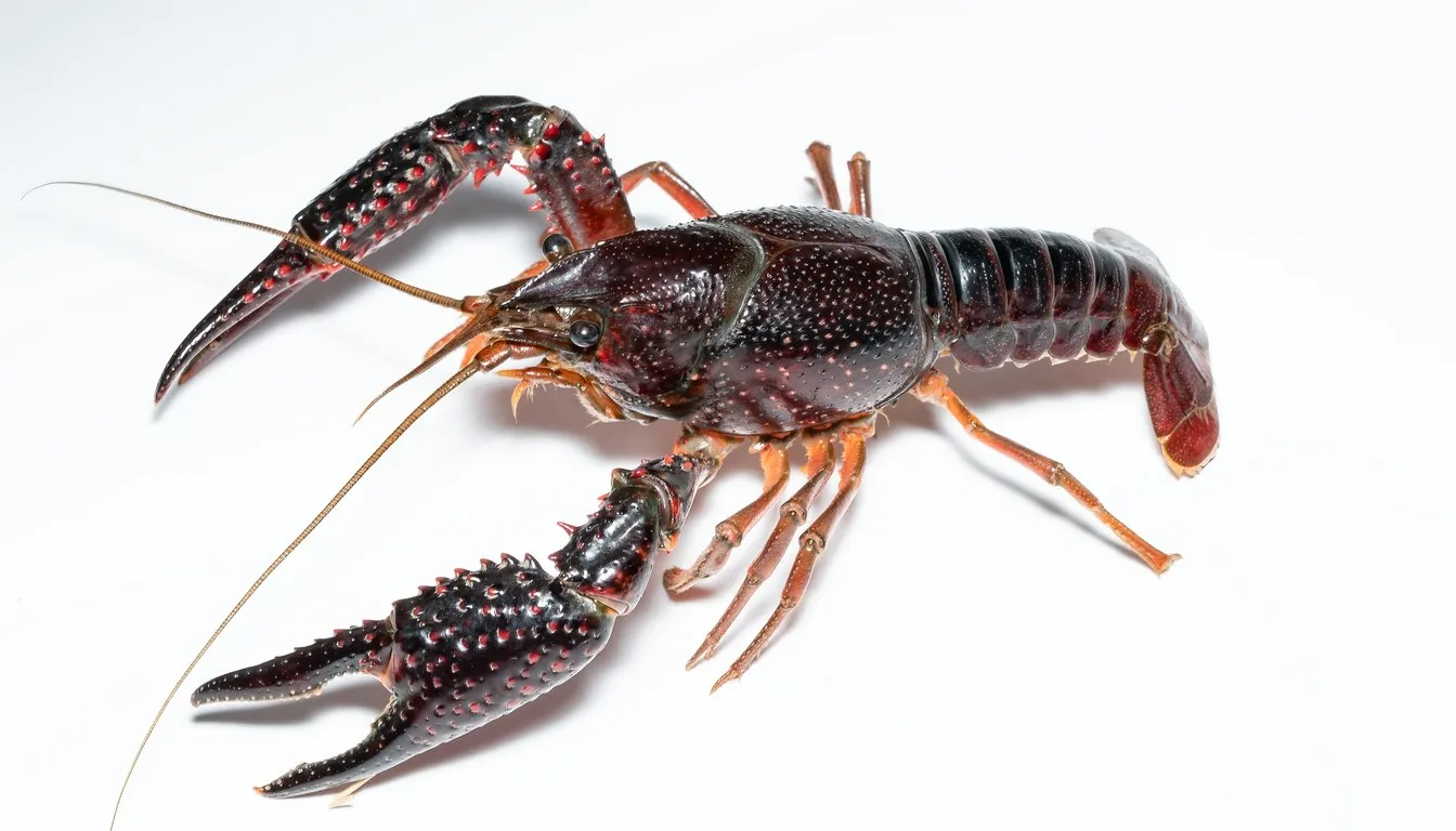 A crayfish with dark claws on a white background