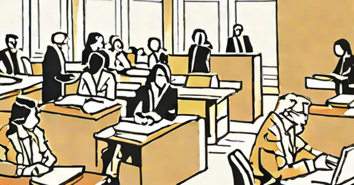 Illustrated courtroom with judges, lawyers, and legal papers