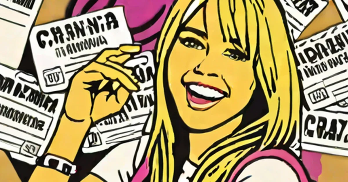 Woman with blonde hair holding a concert ticket in yellow and pink pop-art illustration