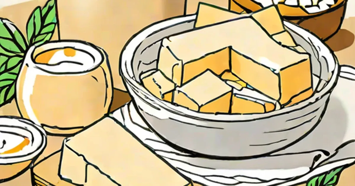 Cream cheese chunks in a bowl with milk and herbs