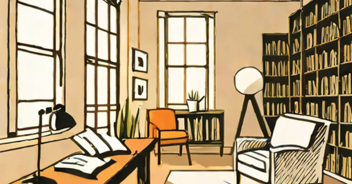 Illustrated home library with bookshelves, armchair, desk, and windows