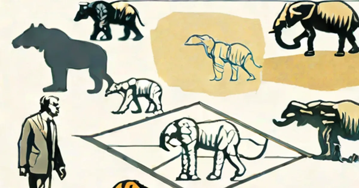 Man examining illustrated prehistoric animals including mammoths and saber-toothed cats