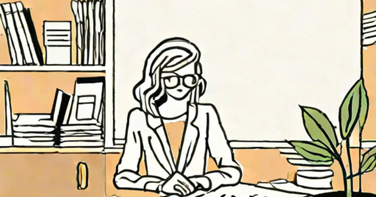 Professional at desk in office with bookshelves and potted plant