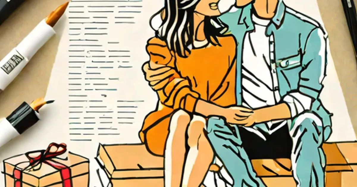 Couple sitting on a bench with a wrapped gift box and art supplies