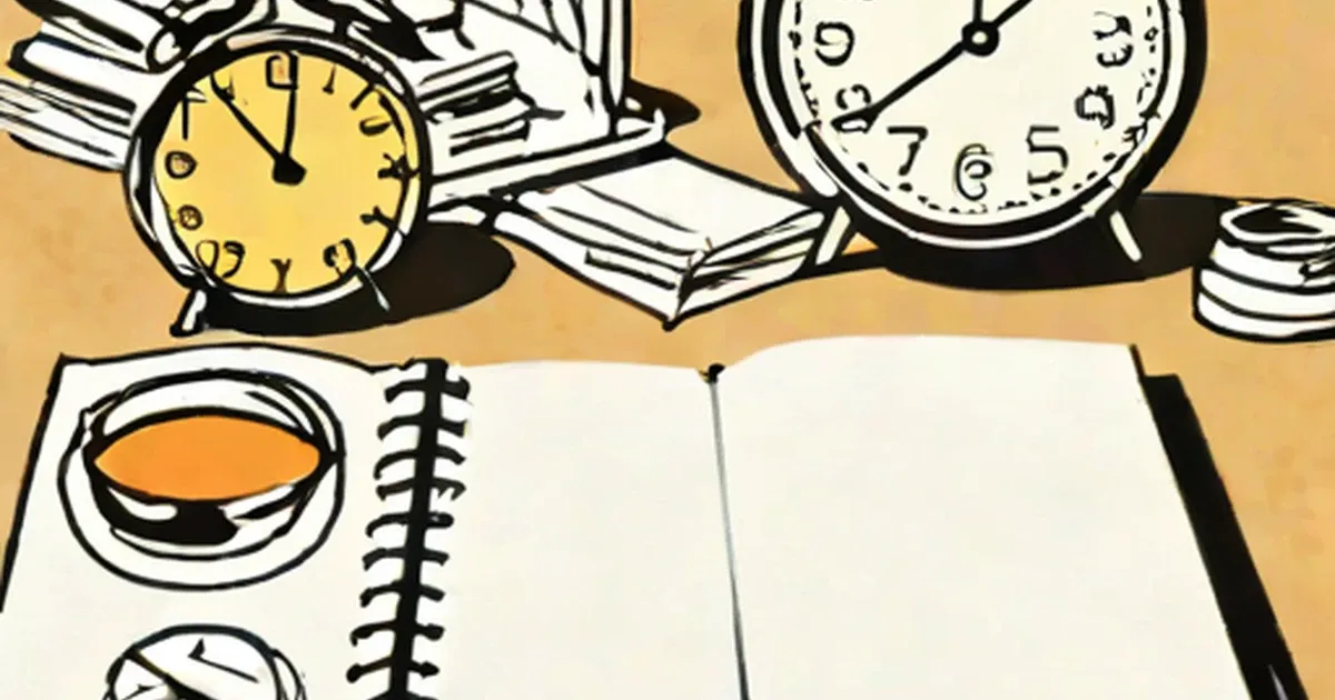 Two alarm clocks and a spiral-bound notebook with a cup on a tan background