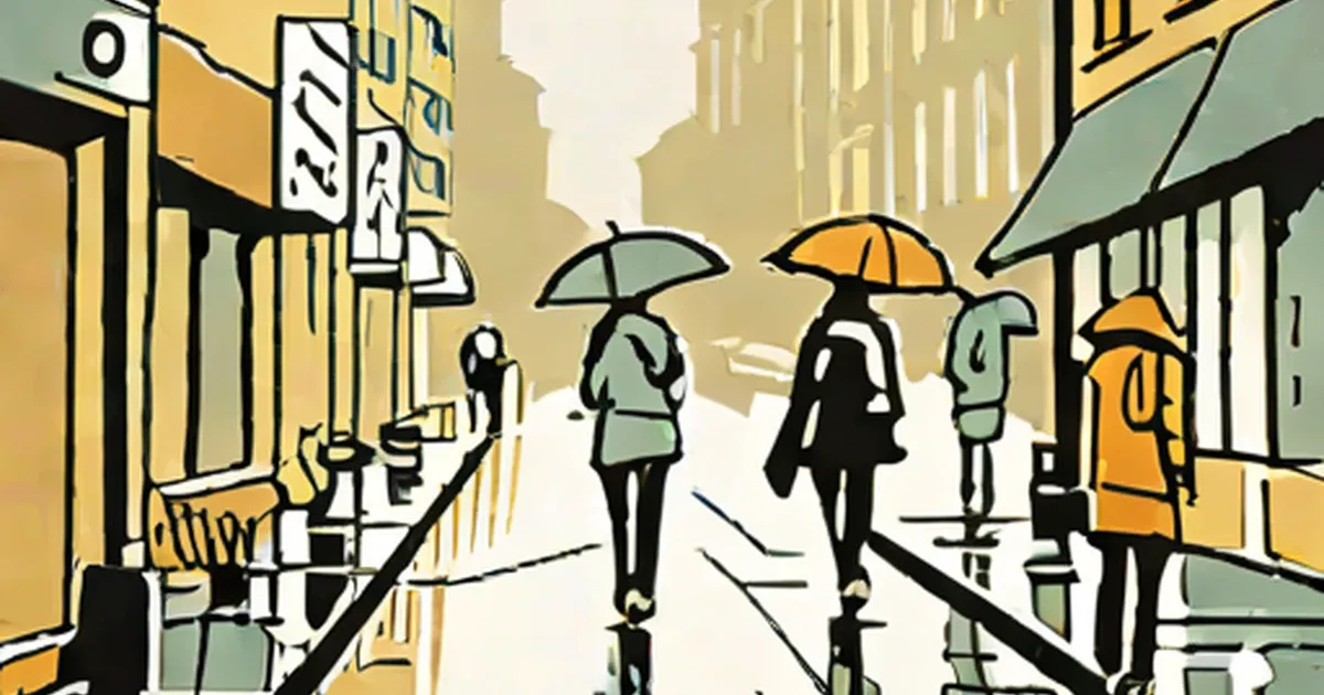 People running and walking with umbrellas on a rainy urban street