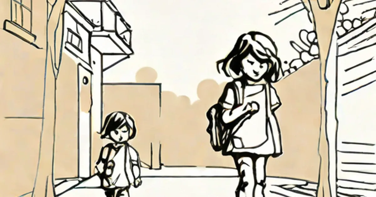 Two children in a hallway, one wearing a backpack