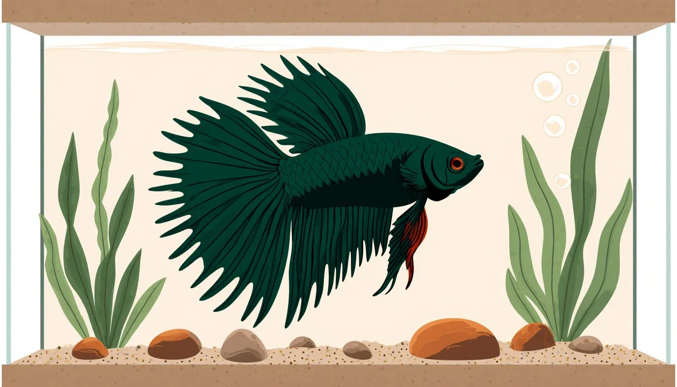 A crowntail betta fish with spiky, crown-like fins swims among plants in a small planted aquarium