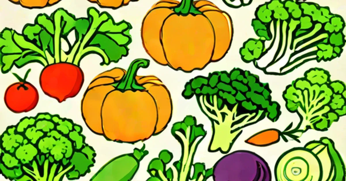 Colorful illustration of broccoli, cauliflower, kale, cabbage, and other vegetables
