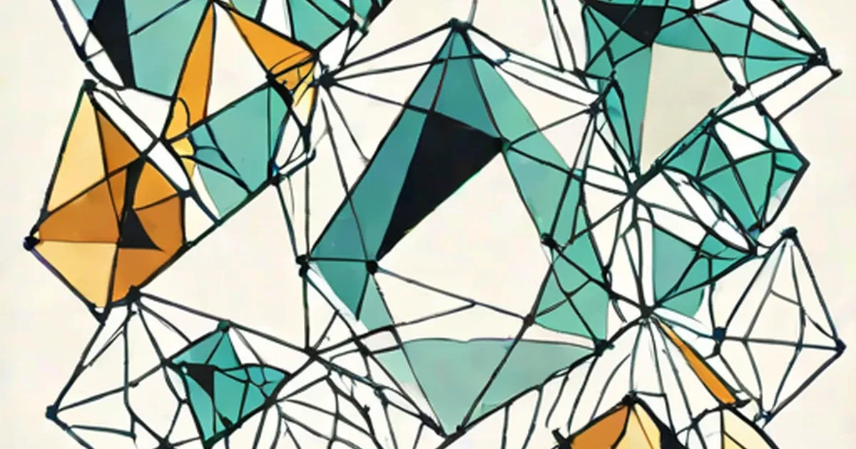 Interlocking polyhedral lattice in teal and orange forming geometric crystal structure