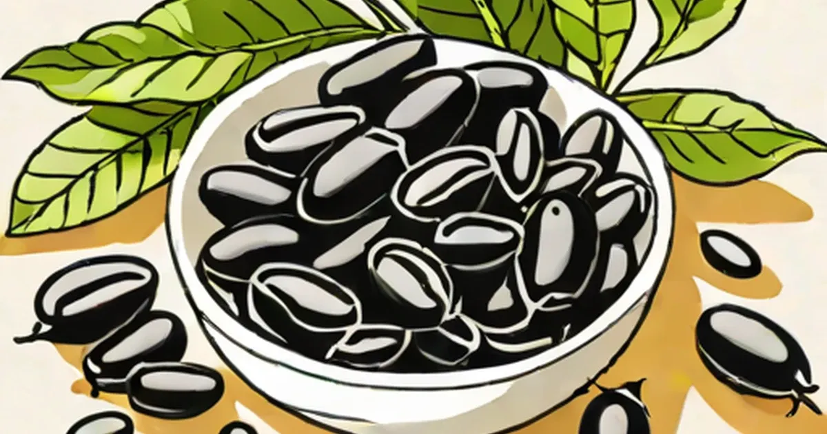 Bowl of black beans with scattered rice and fresh green herbs
